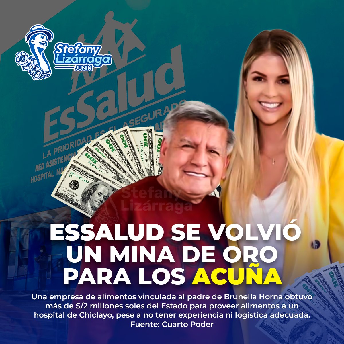 #DeTerror  |  Una empresa de alimentos vinculada al padre de Brunella Horna obtuvo más de S/2 millones soles del Estado para proveer alimentos a un hospital de Chiclayo, pese a no tener experiencia ni logística adecuada. EsSalud se volvió un mina de oro para los Acuña. Fuente: