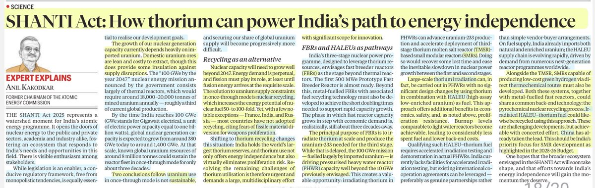 imRavikantYadav's tweet image. SHANTI Act: How Thorium can power India's Path to Energy independence

:An informative article by Anil Kakodkar Sir
@anil_kakodkar

#SHANTIBill
#PrivateParticipation #FDI
#Thorium #SMRs #EnergySecurity
#nuclearenergy
#Uranium #FBRs
#PHWRs #HALEU
#NuclearRecycling

#UPSC
Source:IE