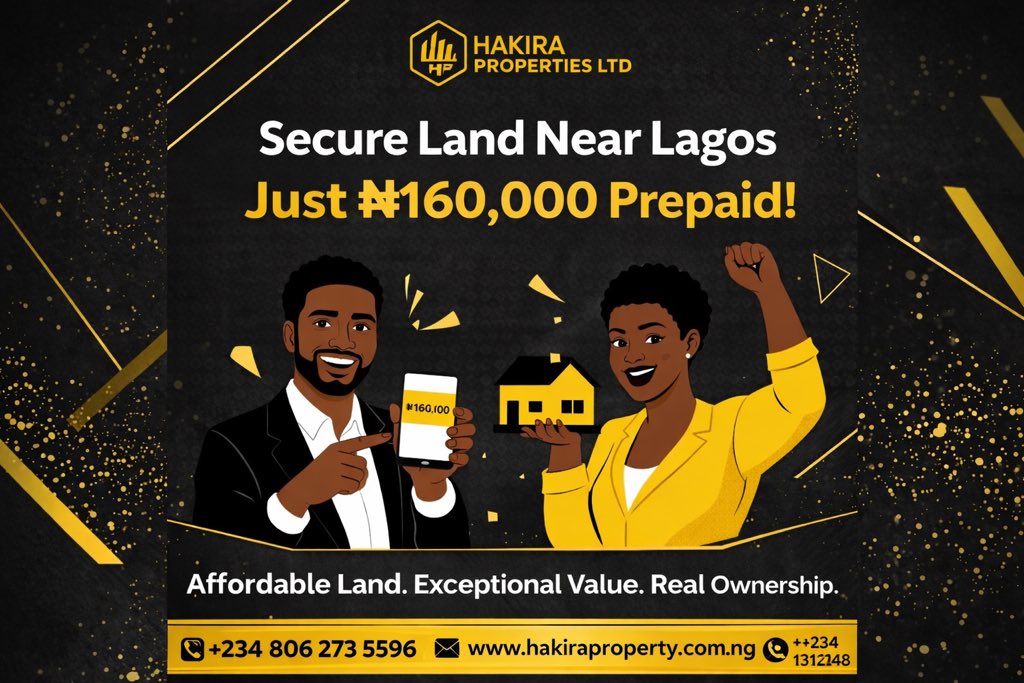 HakiraProperty's tweet image. Owning land is closer than you think.

With Hakira Properties Ltd, you can secure your plot at Hakira Court, Ode Lemo with a ₦160,000 prepaid plan — making land ownership more accessible for individuals ready to invest in their future.
#FutureInvestment
#NaijaRealEstate
#RealEst