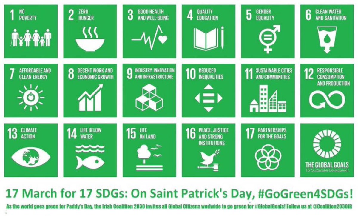 SDG2030's tweet photo. #GREENGOALs
1-No Poverty
2-No Hunger
3-Health
4-Education
5-Gender Equality
6-Water&amp; sanitation
7-Clean energy
8-Economies
9-Innovation
10-Reduced inequality
11-Cities
12-Reduce Consumption
13-Climate
14-Ocean
15-Biodiversity
16-Peace
17-Partnerships 
#StPatricksDay #SDGs https://t.co/65rOGnjqgl