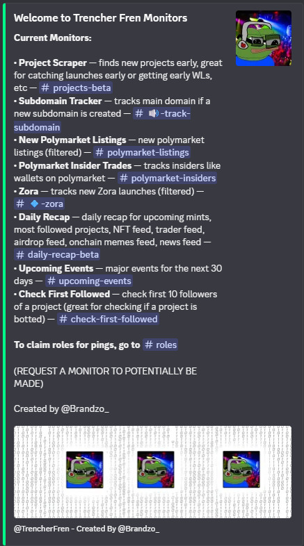 TrencherFren's tweet photo. Back Online + Current Monitor Updates:
- Project Scraper
- Subdomain Tracker
- New Polymarket Listings
- Polymarket Insider Trades
- Zora
- Daily Recap
- Upcoming News Events
- Unlocks
- Check First Followed
(REQUEST A MONITOR TO POTENTIALLY BE MADE ASWELL)
↓ Join the discord ↓ https://t.co/HGMyvpe2iR