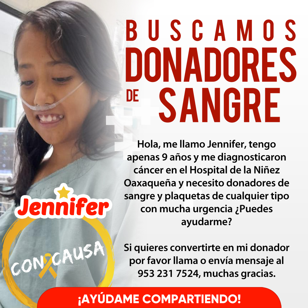 Jennifer acaba de recibir un diagnóstico que cambió su vida. Hoy más que nunca necesita de nosotros.
Buscamos donadores de sangre para ayudarla en su tratamiento.
Tu donación puede ser la esperanza que su familia está esperando.🎗 #CancerInfantil #Oaxaca #SalvaUnaVida #DonaSangre