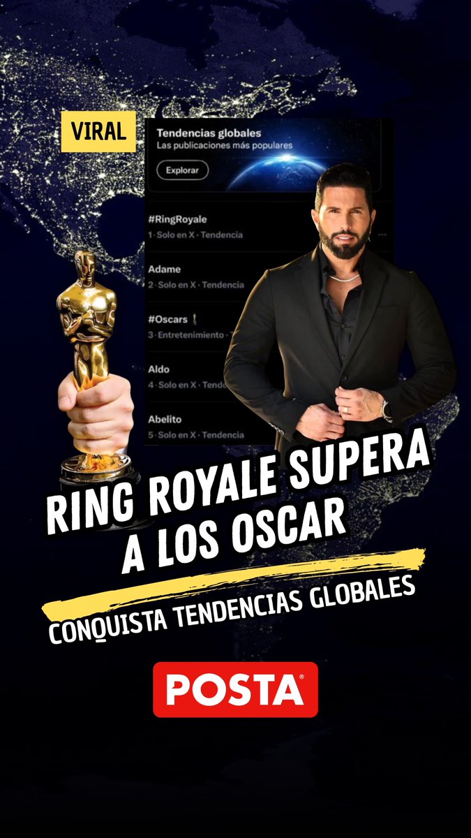 #Viral I🌎📱 El evento #RingRoyale logró colocarse en el primer lugar de tendencias globales en X, superando incluso a los premios #Oscar, uno de los eventos más importantes del entretenimiento internacional.

💬 ¿Viste Ring Royale o los Oscars?