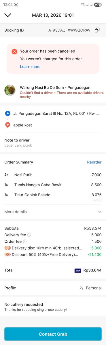 irezuchan's tweet photo. Halo @GrabID tanggal 13 Maret kemarin saya order Grabfood dengan metode pembayaran debit card, tapi transaksi dibatalkan otomatis oleh sistem karena ga ada driver yang ngambil. Tapi kenapa histori transaksi di rekening saya tetap ada ya? https://t.co/At6q1HCOlB
