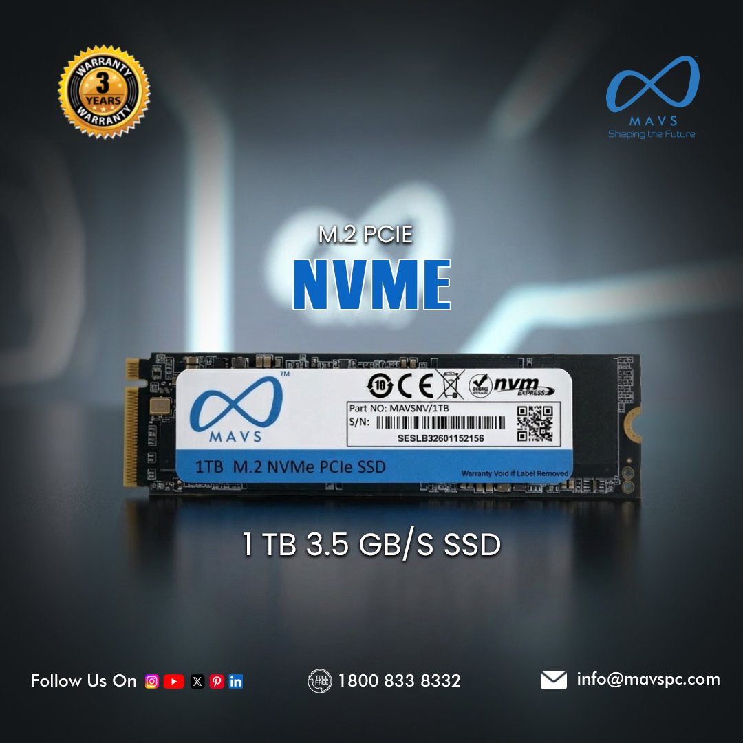 MavsPc's tweet image. Upgrade performance with MAVS 1TB M.2 NVMe PCIe SSD ⚡

✔ Speed up to 3.5 GB/s
✔ Faster boot &amp;amp; data transfer
✔ Reliable enterprise storage
Perfect for business and IT infrastructure.
📞 1800 833 8332
📧 info@mavspc.com

#MAVSIndia #NVMeSSD #PCIE #TechIndia #DigitalIndia