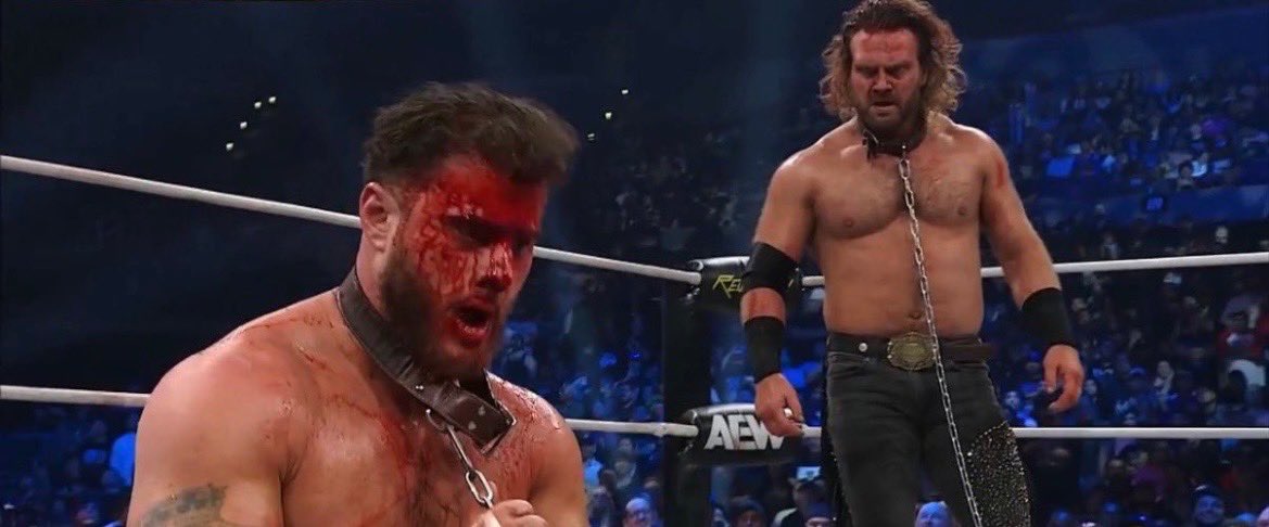 Creamy_Carter's tweet photo. This look alone told a multi year story. @The_MJF being forced to be in a dog collar match with his childhood hero who he felt turned his back on him, when he was all he had. Just to lose to him by being betrayed by Wardlow. I felt the pain with him. THIS… is pro wrestling #aew https://t.co/t1yCtYKFDT