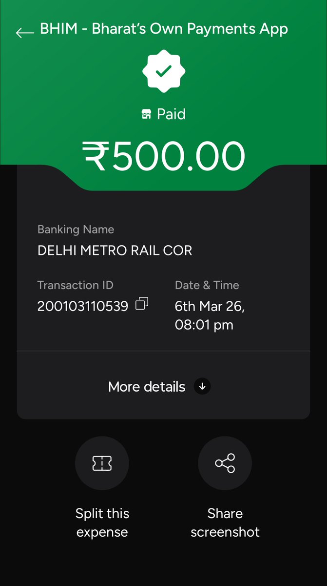udi_subha's tweet photo. @IDBIBankCares @OfficialDMRC I have a failed UPI transaction of ₹500 from March 6th. The amount was debited from my IDBI account for a Delhi Metro transaction but failed at the counter. No refund received yet.attached the details. @jagograhakjago @RBI https://t.co/WvZwcPHgOX