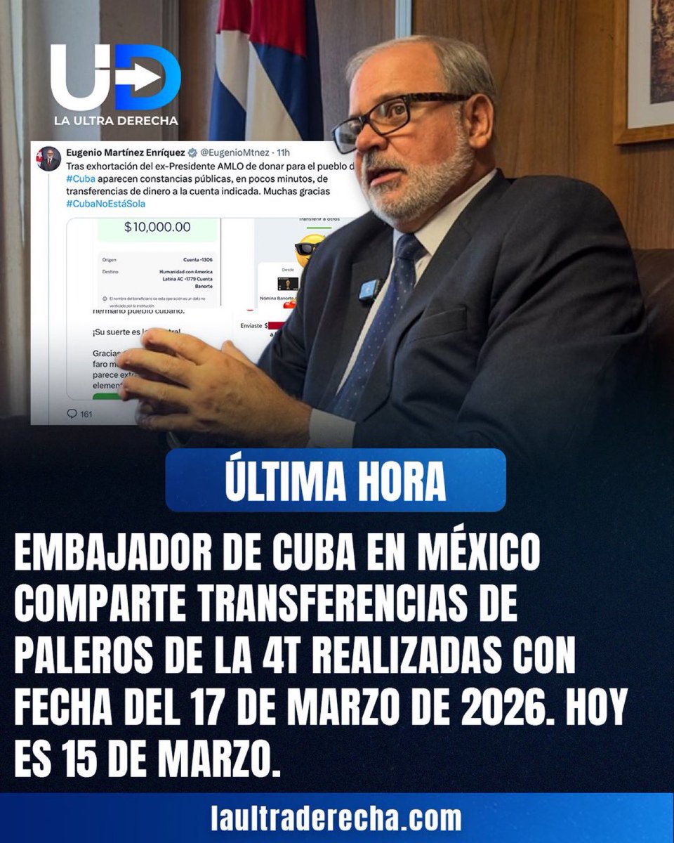 ⚠️|🇨🇺 #Cuba El embajador de Cuba en México, <a href="/EugenioMtnez/">Eugenio Martínez Enríquez</a>, contribuyó a difundir en redes un comprobante falso de transferencia bancaria tras el llamado de AMLO a donar para la isla.

La captura muestra una fecha imposible por lo que el error continúa sembrando dudas sobre las