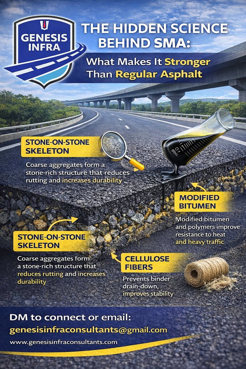 InfraGenesis's tweet photo. Stone Matrix Asphalt delivers stronger, longer-lasting roads. When mix design and additives are handled right, pavement life improves dramatically.

For SMA guidance and additive supply, reach us at genesisinfraconsultants@gmail.com

#StoneMatrixAsphalt
#SMA 
#InfraIndia https://t.co/oTSXraEJPk