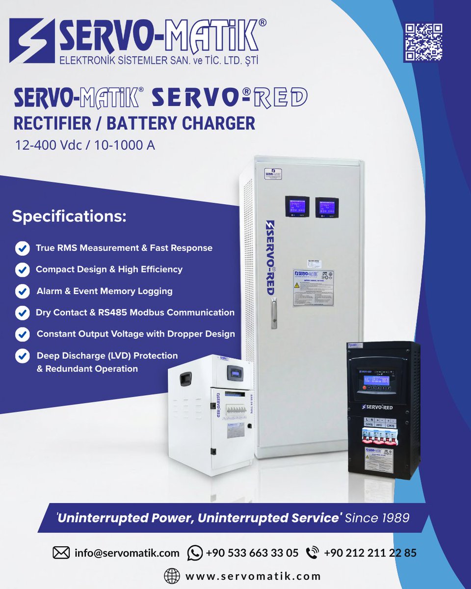 servomatik's tweet image. ⚡ Uninterrupted Power, Reliable Technology

🔋 SERVO-MATIK SERVO-RED Series Battery Charger / Rectifier
High-performance power solution for industrial and critical applications.
#servomatik #rectifier #redresor #batterycharger #powersupply #energysystems #industrialpower