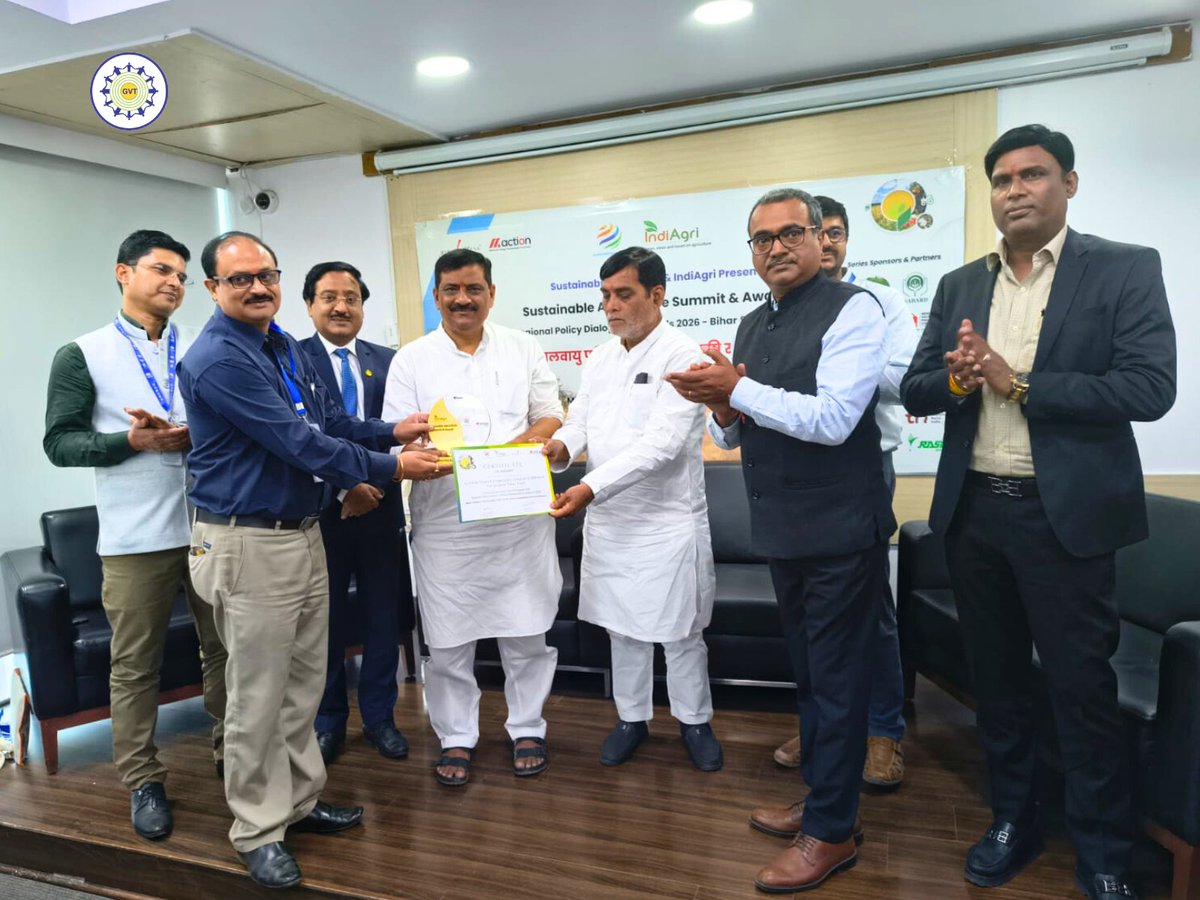 GVT_India's tweet photo. Proud Moment for GVT to receive the award for sustainable Agriculture Sumit on Regional Policy Dialog - 2026 at Amity University Patna by Honourable Agriculture Minister Sh. RamKripal Yadav Govt. Of Bihar and Sh. Sanjay Jha Member of Parliament. https://t.co/ppsMajgVOL