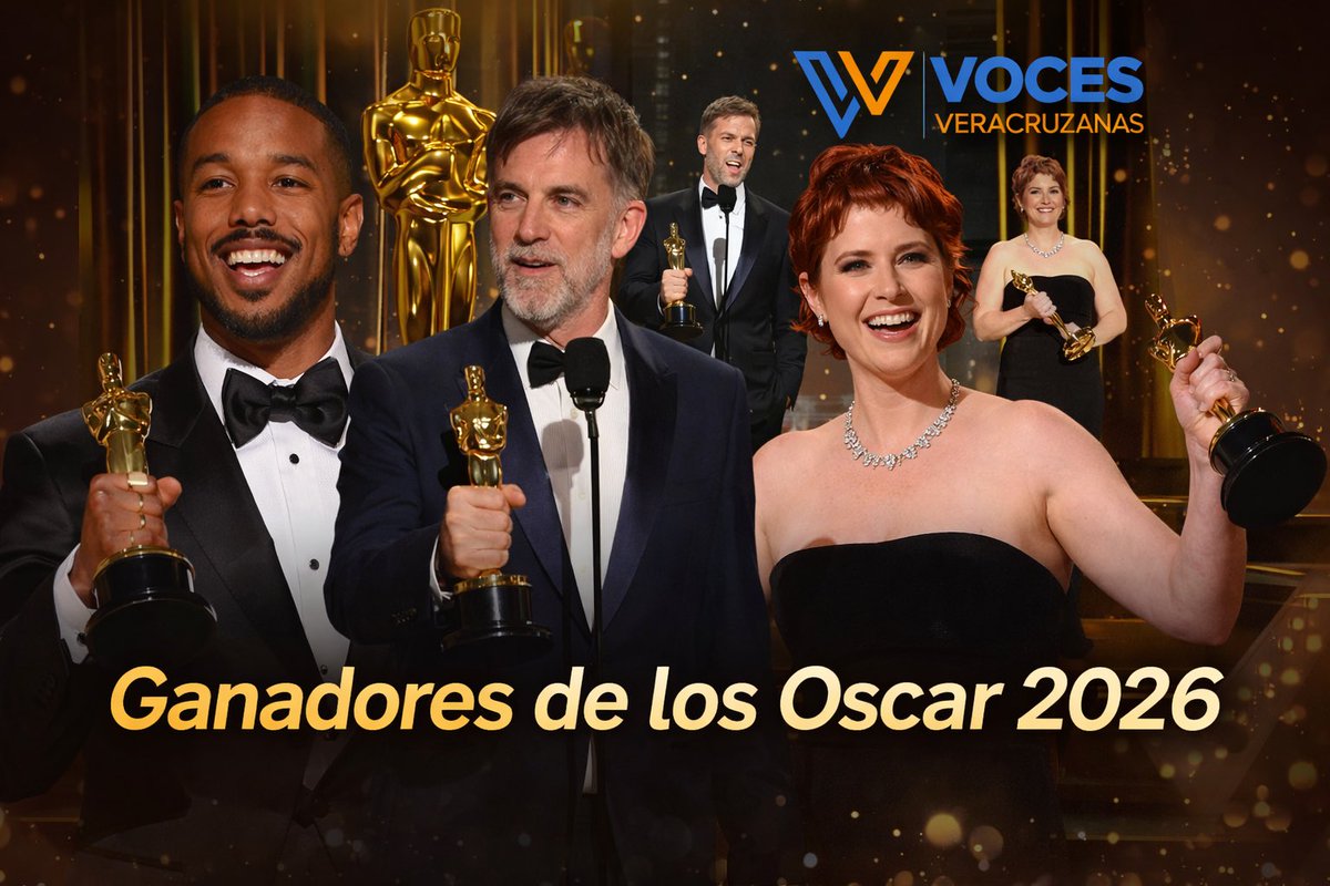 VocesVera's tweet photo. 🎬 “Una batalla tras otra” domina los Oscar 2026.

La película dirigida por Paul Thomas Anderson ganó Mejor Película y fue la más premiada de la noche con seis estatuillas.

Michael B. Jordan ganó Mejor Actor por Sinners y Jessie Buckley Mejor Actriz por Hamnet.

¿Quieres conocer a los ganadores? 👇
🔗 https://t.co/PCq5HbWX0q 

#Oscars2026 #PremiosOscar #Cine #Hollywood