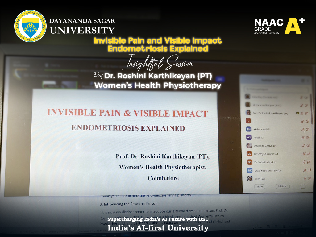 DSUBangalore's tweet image. The College of Physiotherapy DSU hosted a global webinar on Endometriosis with Dr. Roshini Karthikeyan, drawing 118 participants from India, Oman, and Kuwait.

Supercharging India’s AI future with DSU. India’s AI-First University.

#DSU #Physiotherapy