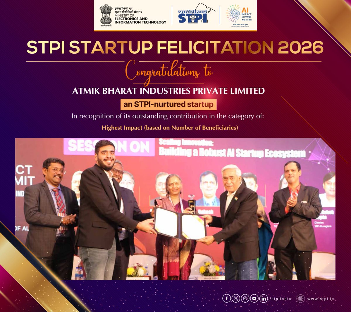 VertexSuite's tweet photo. 🎉 Proud Moment! 🚀

Congratulations to Atmik Bharat Industries Private Limited for being honored at STPI Startup Felicitation 2026 for Highest Impact.
A great example of innovation and dedication towards India’s startup growth. 🇮🇳

✨ Best wishes for more success! https://t.co/pp8s8SG1zI