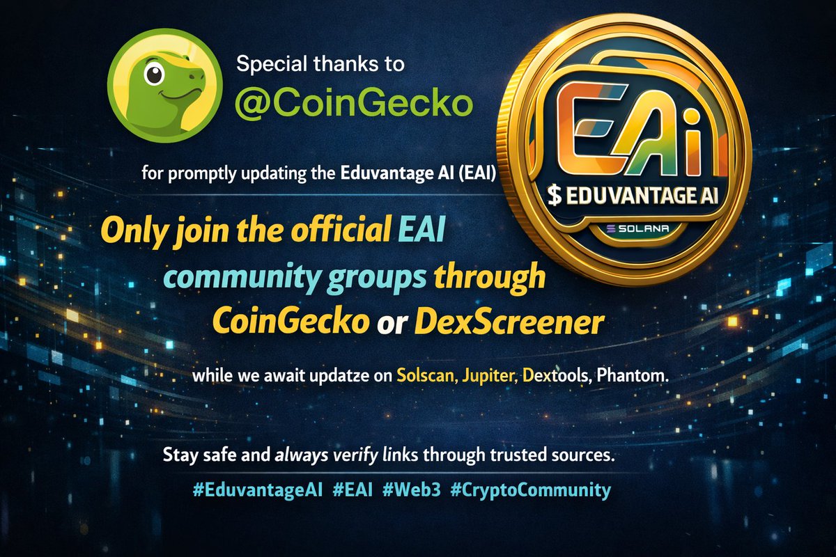 Special thanks to <a href="/coingecko/">CoinGecko</a> for promptly updating the Eduvantage AI (EAI) Community URL as requested.
For now, we advise everyone to only join the official EAI community groups through CoinGecko or DexScreener while we await the update to reflect across other platforms such as