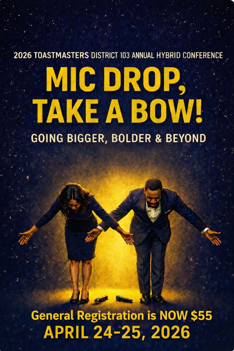 🎤 Mic Drop, Take a Bow!
Theme: Going Bigger, Bolder &amp; Beyond Join us April 24–25 for the District 103 Conference featuring keynote Fursey Gotuaco from Bangkok.📍 Chicago Marriott Midway💲 Registration: $55 🚀Register NOW: d103toastmasters.org/district-103-2…