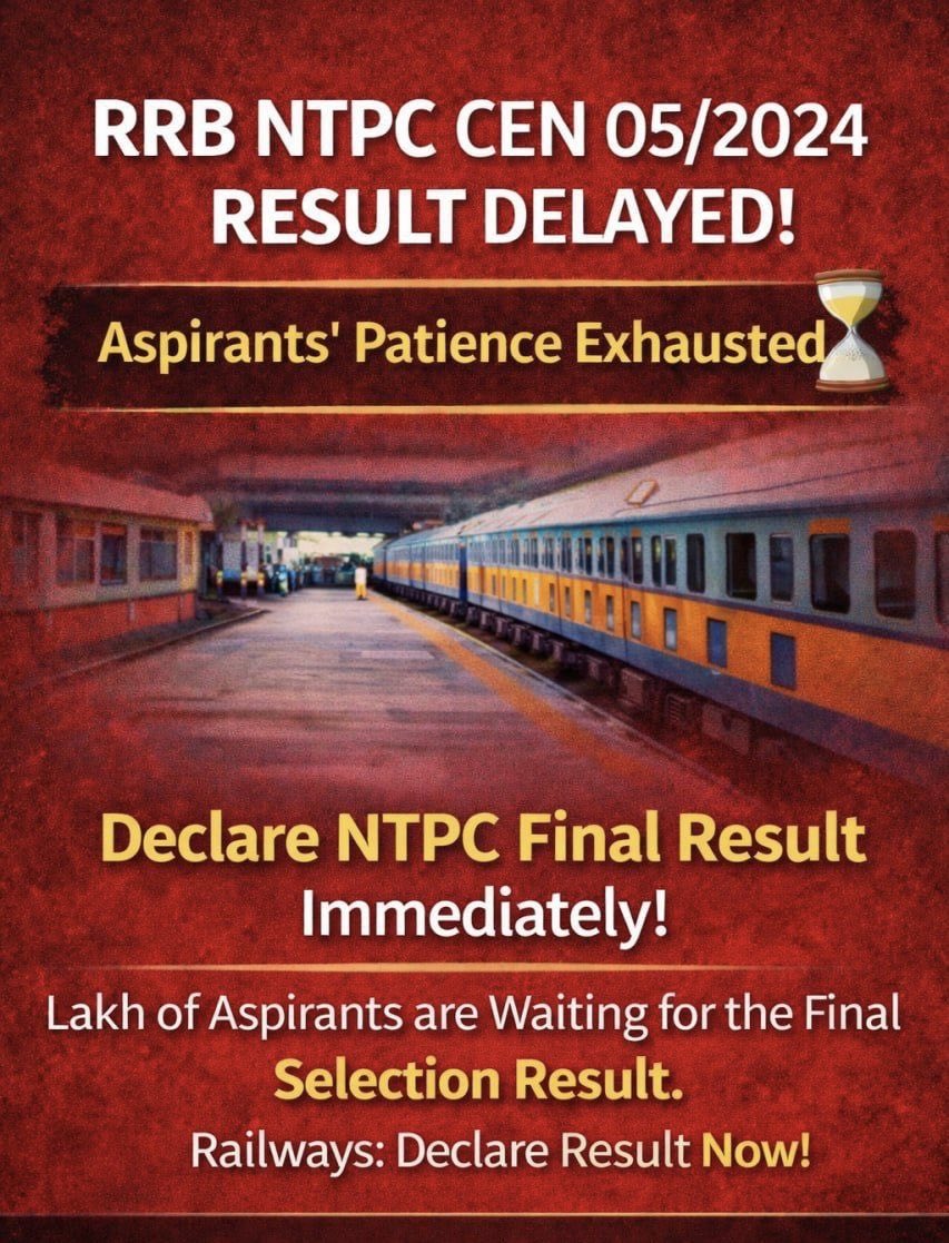 AshishR2818's tweet photo. RRB NTPC CEN 05/2024 Final Result is still pending.
Lakhs of aspirants are waiting with hope and patience.
18 months have passed, but the wait continues.

Railways, please declare the final result immediately.

#DeclareNTPCResult https://t.co/68xxth79HA
