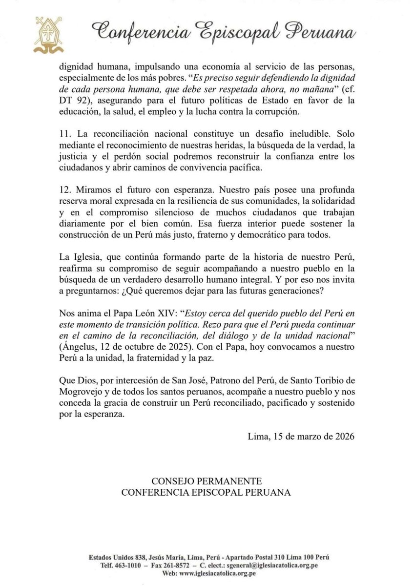 anticorruptospe's tweet photo. El mensaje de la Conferencia Episcopal Peruana de las elecciones de 2026 merece una lectura atenta de los católicos. No tanto por lo que dice, sino por lo que deliberadamente evita decir.

El documento habla de democracia, diálogo, inclusión, reconciliación nacional y cuidado de la “casa común”. Estas expresiones pueden parecer positivas a primera vista. Sin embargo, cuando se analiza el texto desde la doctrina católica tradicional aparece un problema serio: la ausencia casi total de los principios morales fundamentales que deberían orientar el voto de un católico.

En un contexto político donde se discuten temas gravísimos como el aborto, la ideología de género, la destrucción de la familia y las políticas educativas contrarias a la ley natural, el mensaje episcopal guarda silencio. No menciona explícitamente ninguno de estos males. Y este silencio no es menor.

La Iglesia siempre ha enseñado que no todos los temas políticos tienen el mismo peso moral. El Papa  recordó en la encíclica  que la defensa de la vida humana inocente es un principio fundamental que ningún católico puede relativizar. Sin embargo, el documento episcopal coloca en el mismo plano cuestiones como inclusión social, cuidado ambiental, diálogo político o políticas públicas. Todo aparece mezclado sin una jerarquía moral clara.

Esto produce inevitablemente una confusión en el discernimiento del voto católico. Cuando los principios fundamentales no se señalan con claridad, los fieles quedan sin una orientación moral sólida.

Pero el problema es aún más profundo. El documento analiza la crisis del Perú únicamente en términos sociológicos: polarización política, fragmentación social, desigualdad, desconfianza institucional. Todo eso es real, pero se omite la raíz más profunda de toda crisis social según la doctrina católica: el pecado y el alejamiento de Dios.

La tradición de la Iglesia siempre enseñó que las sociedades se desordenan cuando expulsan a Cristo de la vida pública. El Papa  explicó esto con gran claridad en la encíclica , donde proclamó la doctrina del Reinado Social de Cristo. Cuando las naciones niegan la autoridad de Cristo, la vida pública termina dominada por el relativismo moral y los intereses particulares.

Sin embargo, en todo el mensaje del episcopado peruano no aparece ni una sola referencia al reinado de Cristo sobre las naciones. La política es presentada simplemente como un espacio de consenso democrático, diálogo y acuerdos sociales. Pero para la doctrina católica, la política también debe someterse a la ley natural y a la ley de Dios.

Otro aspecto llamativo es que el documento cita repetidamente textos recientes como la encíclica  del Papa , pero ignora completamente el gran magisterio social clásico de la Iglesia, especialmente las enseñanzas de  y , que establecieron los fundamentos de la doctrina social católica.

En lugar de una enseñanza clara basada en esa tradición, el texto adopta un lenguaje muy cercano al discurso político contemporáneo: diversidad, cultura del encuentro, escucha, inclusión. Expresiones que, en muchos casos, son ambiguas y fácilmente compatibles con agendas ideológicas contrarias a la moral cristiana.

La misión de los obispos no es simplemente acompañar procesos políticos ni repetir el lenguaje del consenso social. Su misión es anunciar la verdad del Evangelio y recordar a las naciones que la vida pública también debe someterse a la ley de Dios.

El Perú no necesita documentos eclesiales llenos de diplomacia y generalidades. Necesita pastores que hablen con claridad moral, que defiendan sin ambigüedades la vida, la familia y la ley natural, y que recuerden una verdad olvidada en la política moderna: ninguna nación puede sostenerse cuando abandona el orden moral querido por Dios.

La verdadera renovación del Perú no vendrá solamente de reformas políticas o económicas. Vendrá cuando la vida pública vuelva a reconocer que Cristo no es solo Rey de las conciencias privadas, sino también Señor de las naciones