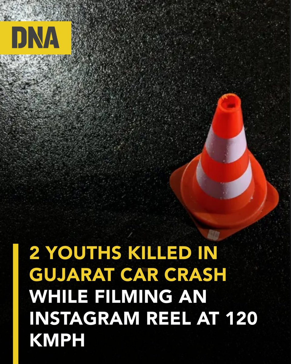 dna's tweet image. Two youths died in a high-speed car crash near Jetpur in #Rajkot district while allegedly filming a social media reel during the late-night drive. 

#DNAUpdates | #InstagramReels | #Acciedent