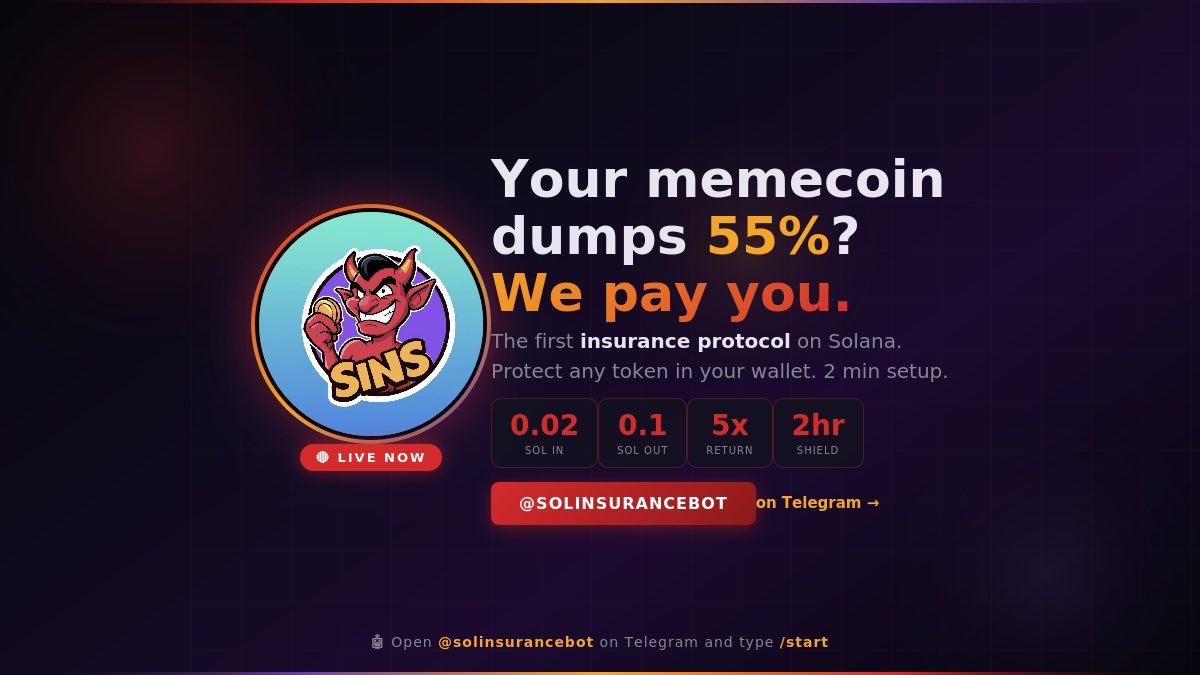 SolInsureX's tweet photo. how many times have you bought a memecoin and watched it dump 60% in 10 minutes?

what if you got PAID when that happened?

😈 SINS — Solana memecoin insurance

0.02 SOL in → 0.1 SOL out if your token crashes

bot is live. link in bio.

#Solana #Crypto #DeFi #SOL #CryptoTwitter https://t.co/uZrBHShbbT