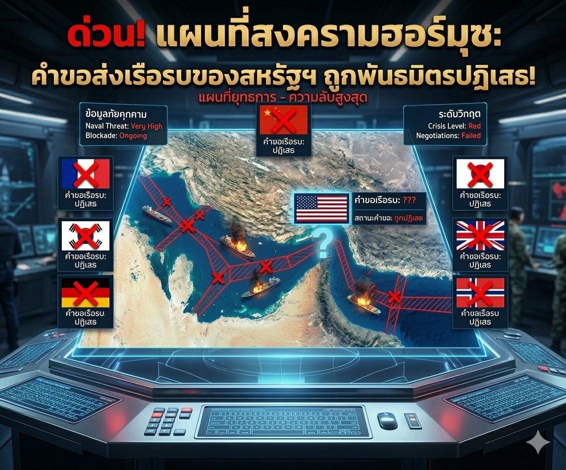 🚨 ด่วนช็อกโลก! พันธมิตรหันหลังให้สหรัฐฯ ร้องขอเรือรบสยบวิกฤตช่องแคบฮอร์มุซ แต่ถูกโลกปฏิเสธโดยสิ้นเชิง!
สถานการณ์ความตึงเครียดทางภูมิรัฐศาสตร์พุ่งทะลุจุดเดือด! เมื่อประธานาธิบดี โดนัลด์ ทรัมป์