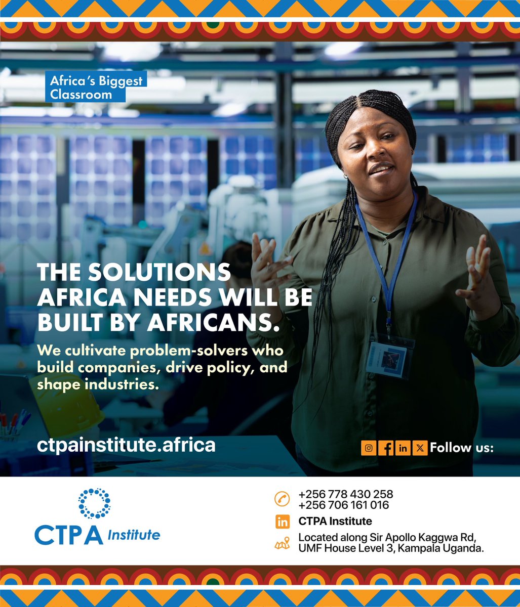 CTPA_Institute's tweet photo. The solutions Africa needs will be built by Africans.
Weβre cultivating problem-solvers to build companies, drive policy, and shape industries.
π UMF House, Level 3, Sir Apollo Kaggwa Rd, Kampala. +256 778 430 258 | +256 706 161 016
#CTPAInstitute #Uganda #Innovation https://t.co/27vGJ1KAUB