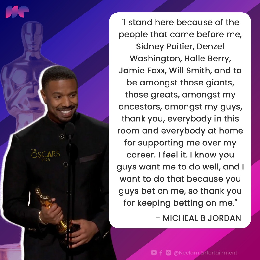 NeelamEntertain's tweet photo. Michael B Jordan Wins Best Actor at 2026 Oscars for "Sinners". What he says?

#oscar #michaelbjordan #academy #sinners #bestactor #neelamentertainment https://t.co/GHSORbfonA