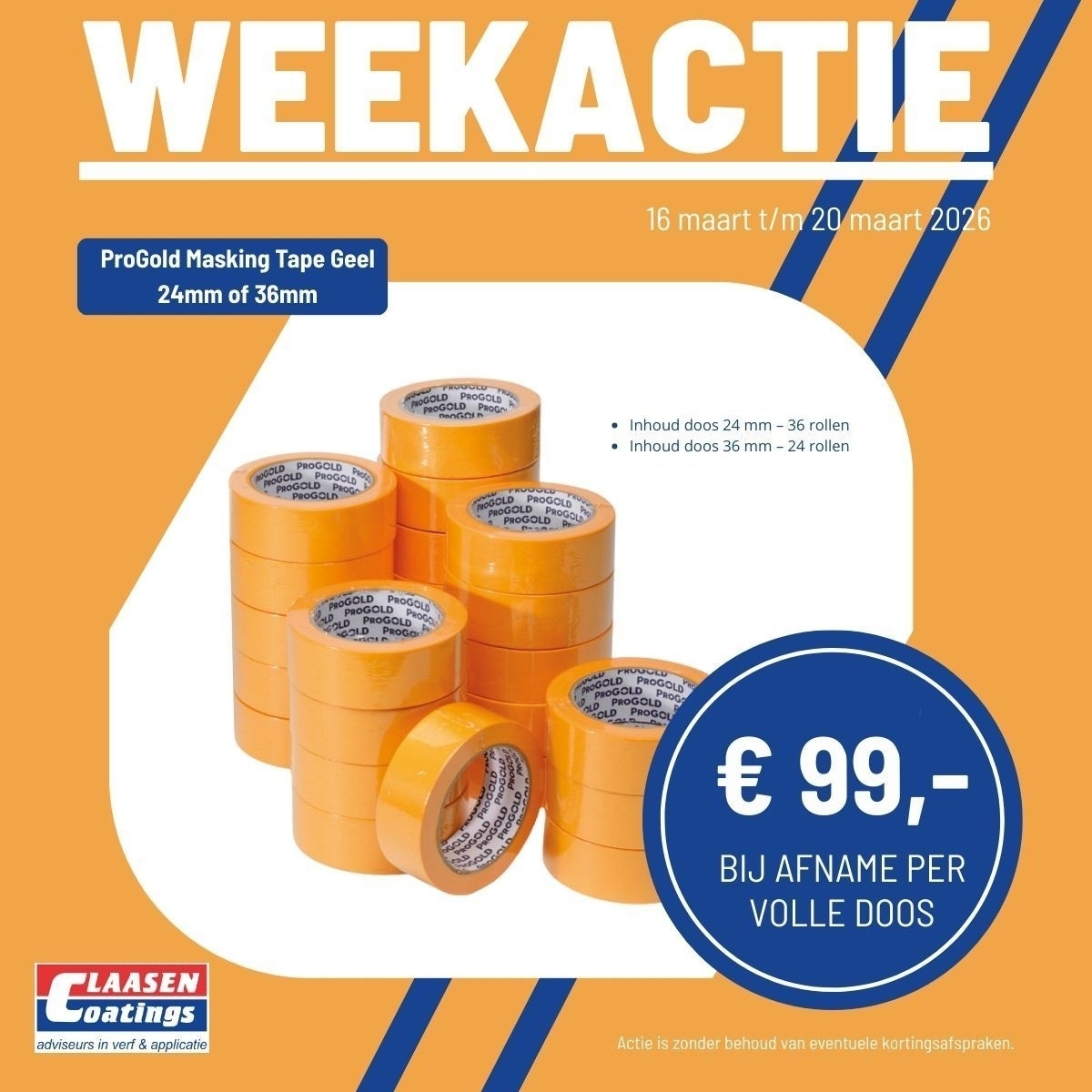 Weekactie! 📦✨  Van 16 maart tot en met 20 maart 2026 scoor je een volle doos Masking Tape Geel voor slechts €99,00!  Lekker blijven plakken dus 😉 #ProGold #MaskingTape #WeekActie #Aanbieding #claasencoatings