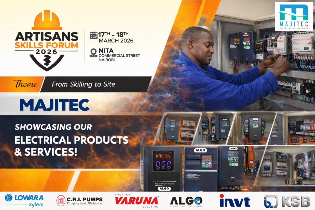 SP: Join us at the Artisans Skills Forum 2026! 🔧⚡
📅 17th–18th March
📍 NITA Commercial Street, Nairobi
MAJITEC will be showcasing our latest electrical products &amp; solutions designed to power modern industries. See you there!
#ArtisansSkillsForum2026 #MAJITEC