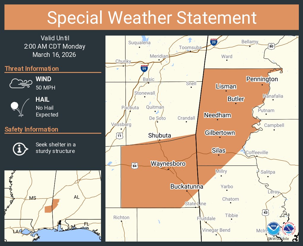 A special weather statement has been issued for Waynesboro MS, Butler ...