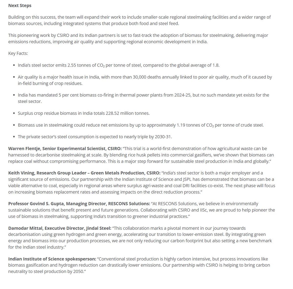BREAKING: World-First Breakthrough in Green Steelmaking

Researchers from CSIRO and the Indian Institute of Science have successfully demonstrated the partial replacement of coal with agricultural waste in commercial steel production. 

During a full-scale trial at Jindal Steel