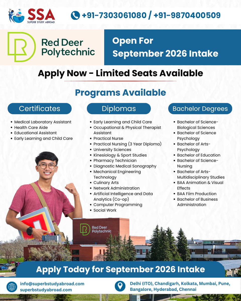 SuperbAbroad's tweet image. Red Deer Polytechnic in Canada offers career-focused programs designed to prepare students for real opportunities in healthcare, technology, engineering, business, and creative fields.
Call now - +91-7303061080, 9870400509

#StudyAbroad #StudyVisa #SuperbStudyAbroad #VisaProcess