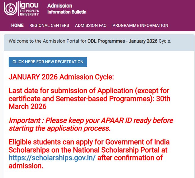 Last date for submission of Application for both ODL and Online Programmes (except for Certificate and Semester-based Programmes) extended till 30th March 2026