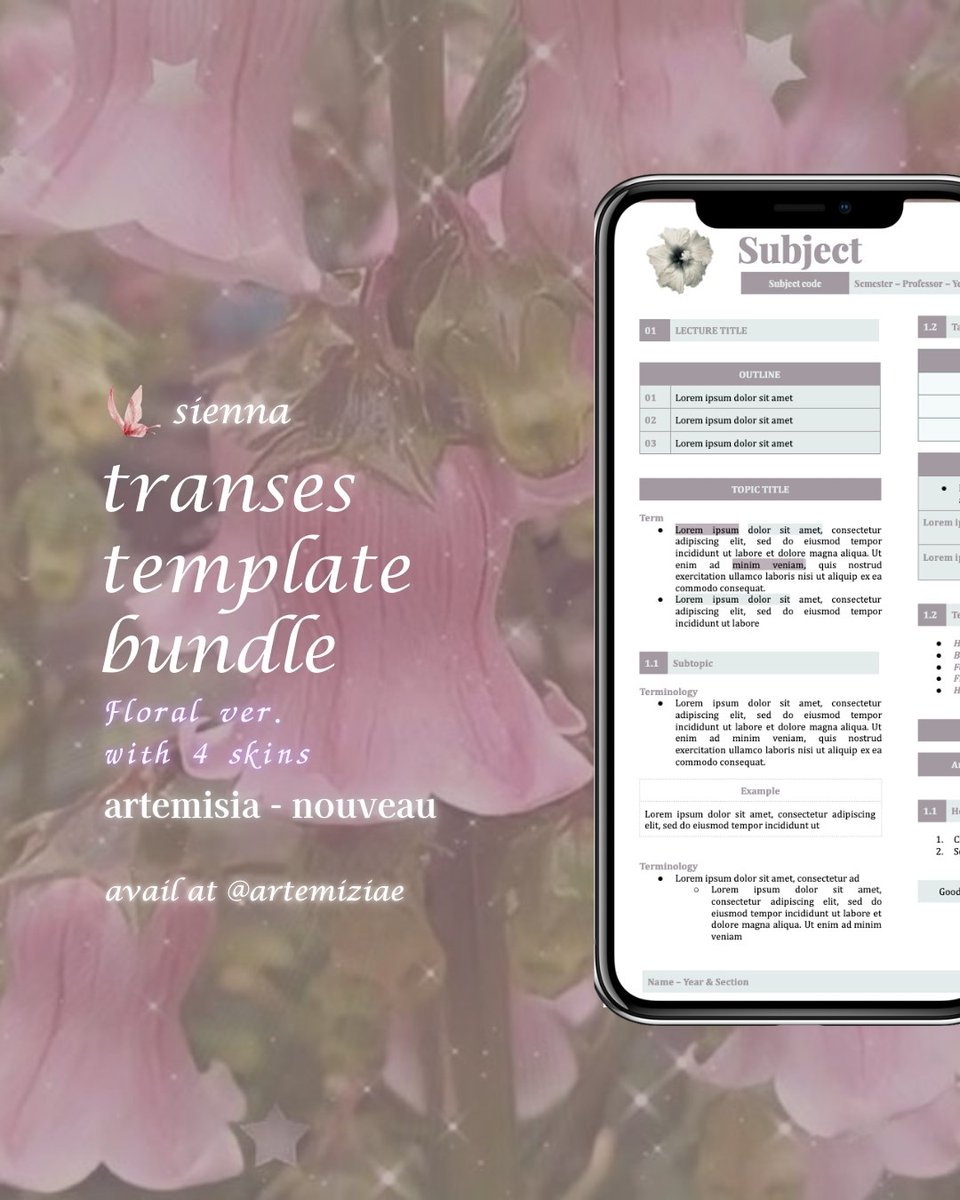 artemiziae's tweet photo. flower ver. - transes bundle 𓇢𓆸

get your pretty transes / reviewer template for note-taking &amp; reviewing ! ⋆˚꩜｡
~ dm for orders @artemiziae on ig

#review #reviewer #study #digitalnotetaking #digitalnotes #digitaltemplate #digitalproducts #transes #studyaesthetic #notes https://t.co/OU4zI4H6iO