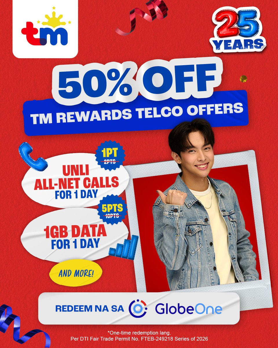 50% OFF TM Rewards para sa mga sulit offers na paborito ng TeaM! Redeem na sa GlobeOne! 💙 #TeaMTayo #TM2geder5ever. glbe.com.ph/GLOBEOne.