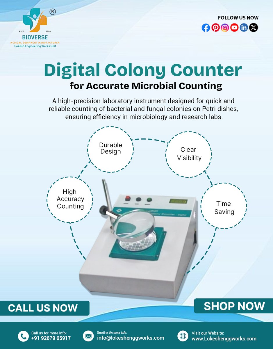 lokeshenggworks's tweet image. 🔬 Accurate microbial counting made simple with the BIOVERSE Digital Colony Counter.

✔ High accuracy counting
✔ Clear visibility
✔ Durable design
✔ Time-saving operation
Ideal for microbiology &amp;amp; research labs.
#ColonyCounter #LabEquipment #Microbiology #ScientificInstruments