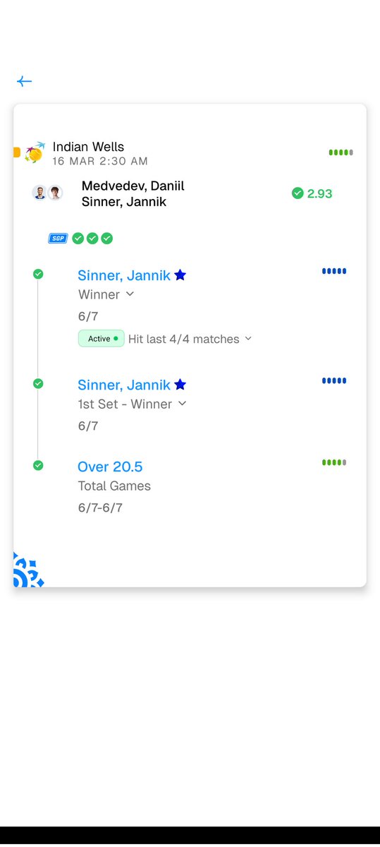 kickffapp's tweet photo. CASHED 🤑✅
Tennis SGP lands at Indian Wells 🎾
🎾 Jannik Sinner — Match Winner ✔
🎾 Jannik Sinner — 1st Set Winner ✔
🎾 Over 20.5 Total Games ✔
Get more top picks on Kickff 👇
https://t.co/nvg0W6tyeQ
#Tennis #IndianWells #SportsPicks #SGP #TennisPicks #Kickff 🎾🔥 https://t.co/eKFsPuXMXf