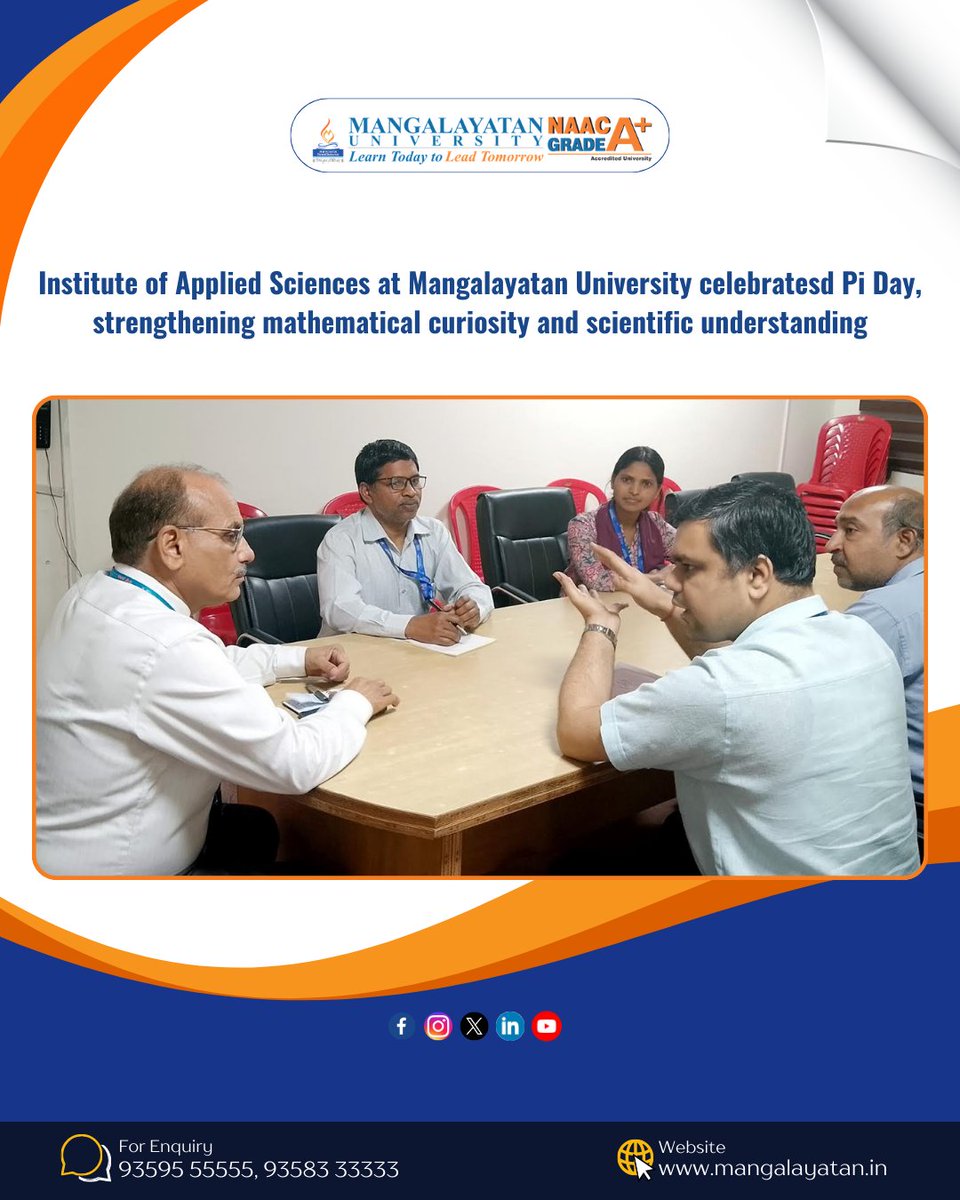 MangalayatanUnv's tweet image. The Institute of Applied Sciences at Mangalayatan University celebrated Pi Day to promote interest in mathematics and highlight the significance of the constant Pi (3.14159).
#piday #appliedsciences #scientificthinking #bestuniversity #mualigarh #mangalayatanuniversity