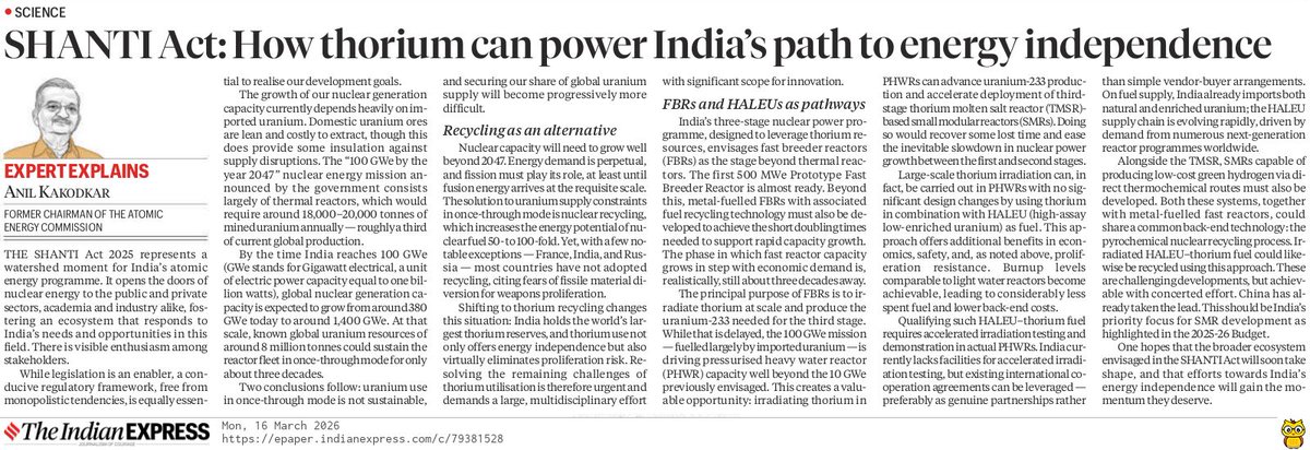 India sits on one of the world’s largest thorium reserves, the fuel around which our  nuclear programme is designed.

With the SHANTI Act opening the sector, fast-breeder pathways advancing  and HALEU likely to power the next wave of advanced reactor,  the long-awaited thorium