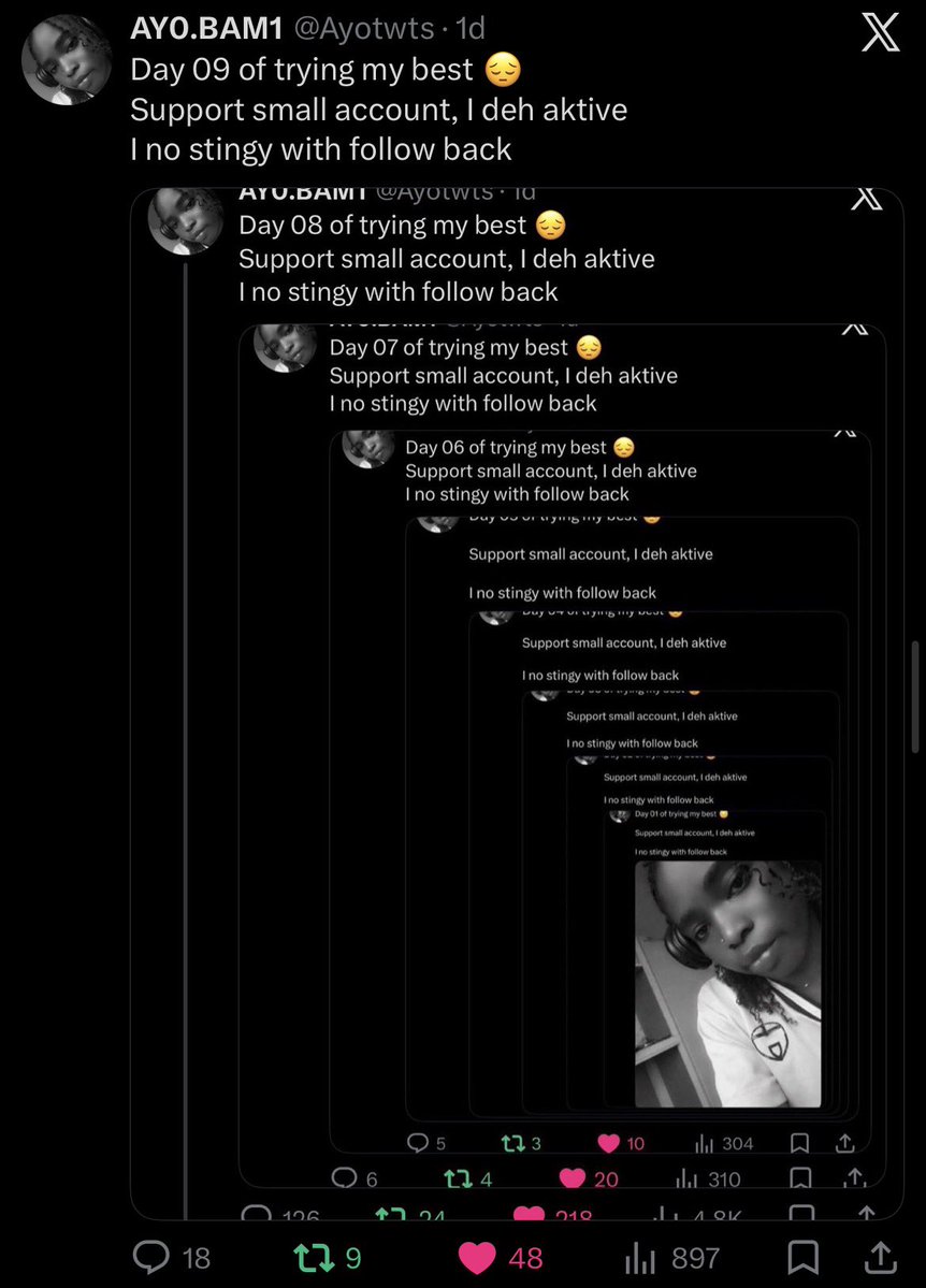 Day 10 of trying my best 😔
Support small account, I deh aktive 
I no stingy with follow back
