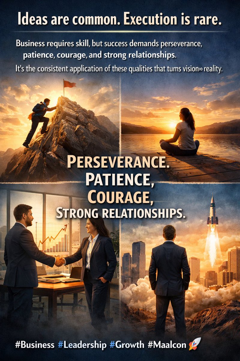 AhSheikh360's tweet photo. Ideas are common. Execution is rare!

Business requires skill, but success demands perseverance, patience, courage, and strong relationships. It’s the consistent application of these qualities that turns vision into reality. 

#Business #Leadership #Growth #Maalcon https://t.co/2AVfOfJLVE
