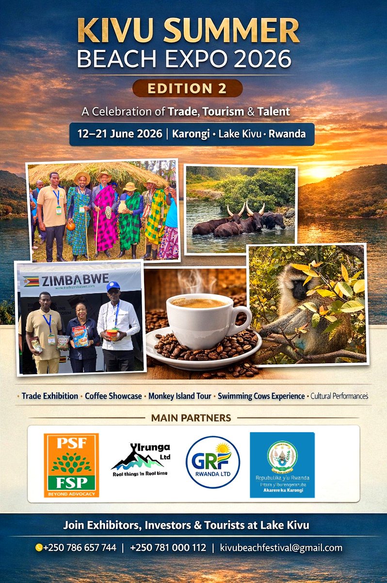 ReneGanza's tweet photo. KIVU SUMMER BEACH EXPO 2026 – Edition 2

📅 12–21 June 2026
📍 Karongi – Lake Kivu

Trade Exhibition • Coffee Showcase • Monkey Island Tour • Swimming Cows Experience • Cultural Performances

Book your exhibition space now and join exhibitors, investors, and tourists. https://t.co/pSw2QfcoiV