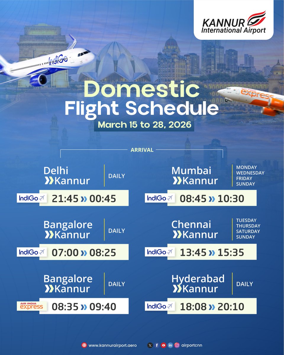 Check the Domestic Flight Schedule from March 15–28, 2026

#kannurinternationalairport #TravelConnections #DomesticRoutes #FlyFromAirport #TravelIndia #KannurAirport