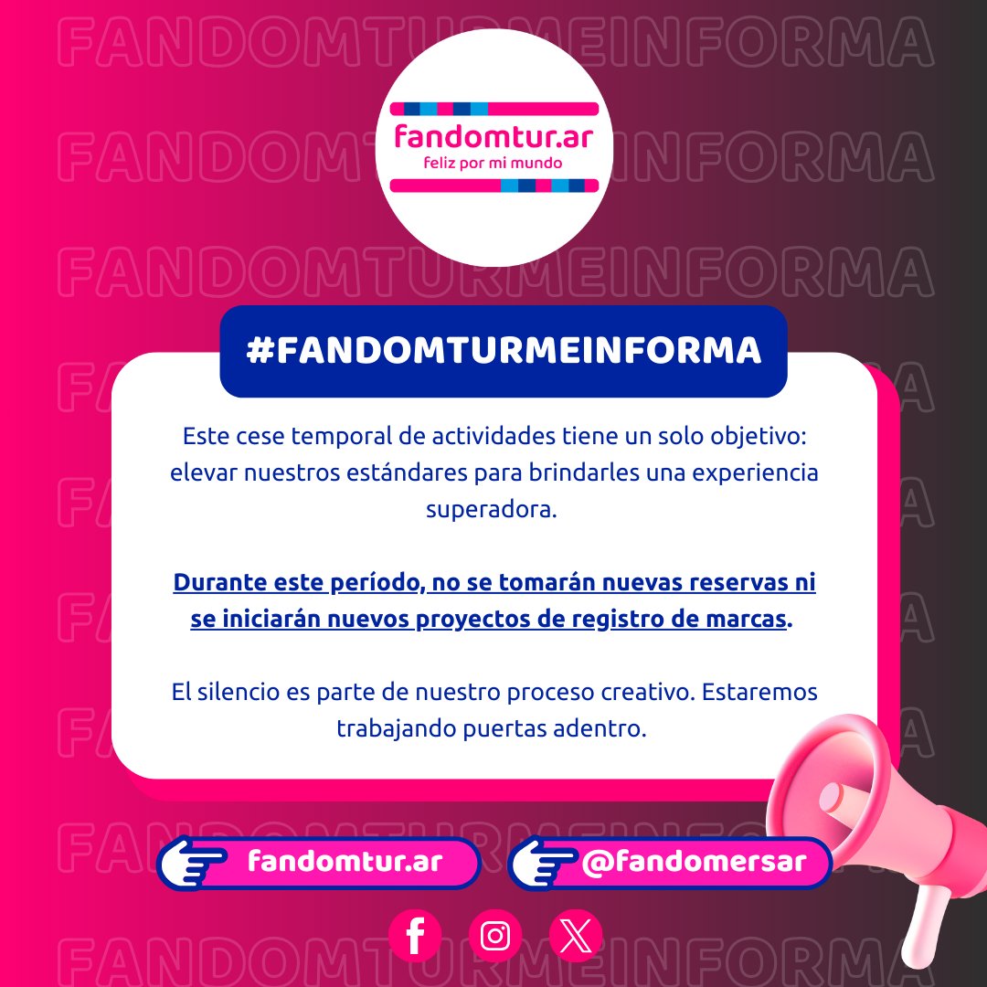 fandomtur's tweet photo. ✨ ESTAMOS EVOLUCIONANDO

El silencio es parte de nuestro proceso creativo. Durante este período de trabajo no se tomarán nuevas reservas ni registros de marcas.

El objetivo es único: elevar nuestros estándares para una experiencia superadora. 🏗️🤫

#Fandomtur #Fandomers https://t.co/LtnJSmHJbk