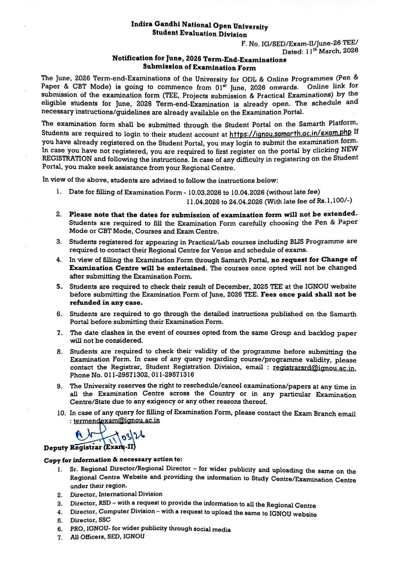 Notification for Submission of Online Application Form for TEE June, 2026