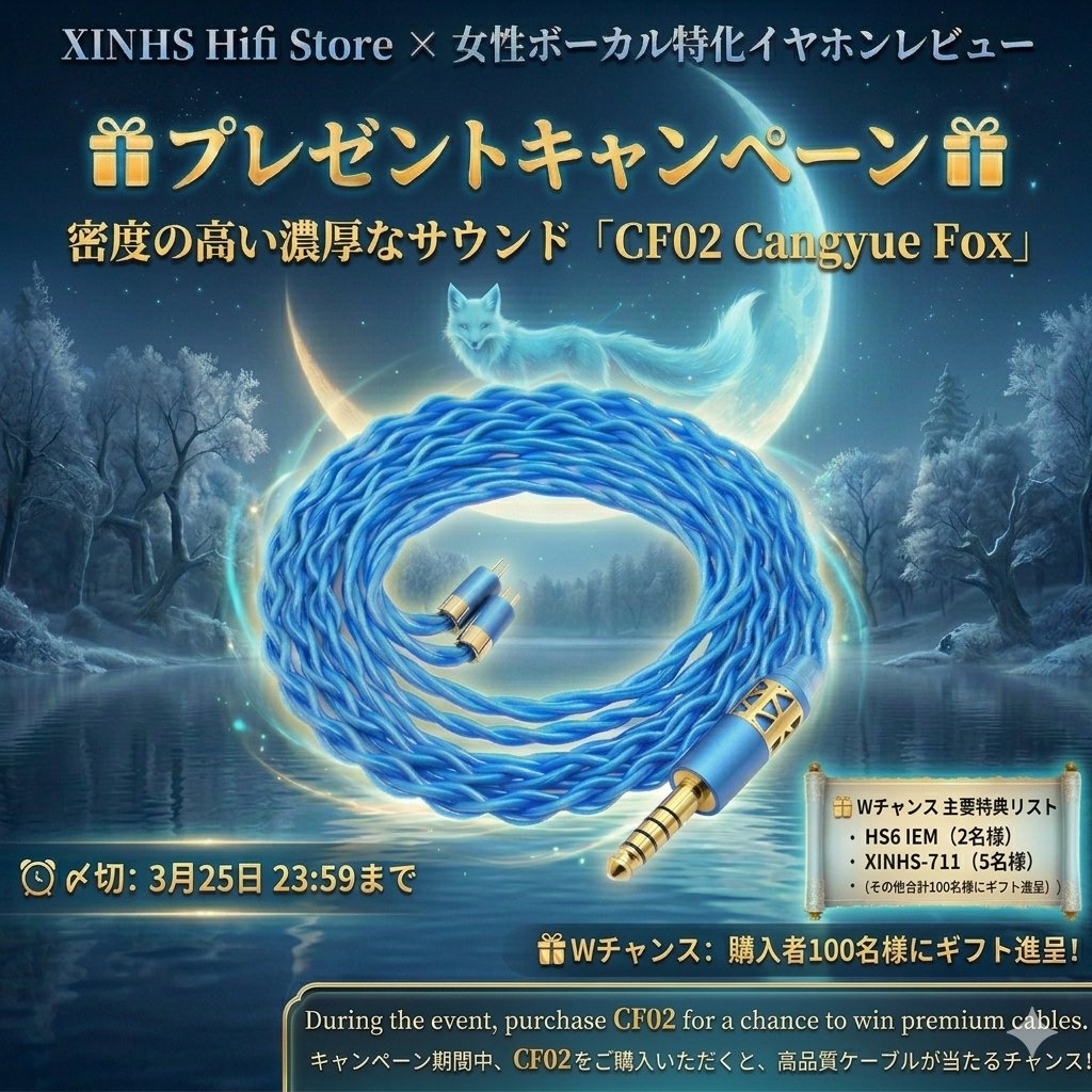 earphone_fvo's tweet photo. 💎XINHS × 女性ボーカル特化イヤホンレビュー💎
　　　コラボプレゼント🎁 キャンペーン！

1️⃣ フォロー＆リポストで当たる！
「XINHS CF02 Cangyue Fox」
を2名様 にプレゼント！
密度の高い濃厚なサウンドが魅力のケーブル です。

✅ 応募方法
① @YHifi20929 & @earphone_fvo をフォロー
② この投稿をリポスト＆いいね
⏰ 〆切：3月25日 23:59まで

2️⃣ 購入者限定！さらに豪華なWチャンス
AliExpressアニバーサリー期間中に「CF02」を購入すると
抽選で100名に高品質なランダムケーブルを贈呈！🎁
（最大272ドル相当の超豪華ギフトが含まれます✨）

💰セール特別価格：約7,600円
・ストアコード：CF02TH05
・アリコード　：03JS7
・スマホコイン割10%適用時

👇 商品ページ・詳細はこちら
https://t.co/XFSJnxqnuv

📌 注意事項
・抽選後、当アカウントで当選発表を行い、DMにてご連絡します。
・賞品の受け取りには、AliExpressのアカウントおよびストアへの連絡が必要です。

皆さまの熱いご応募をお待ちしております！

#XINHS #AliExpress #中華イヤホン #イヤホンケーブル #プレゼントキャンペーン #アニバーサリーセール #PR