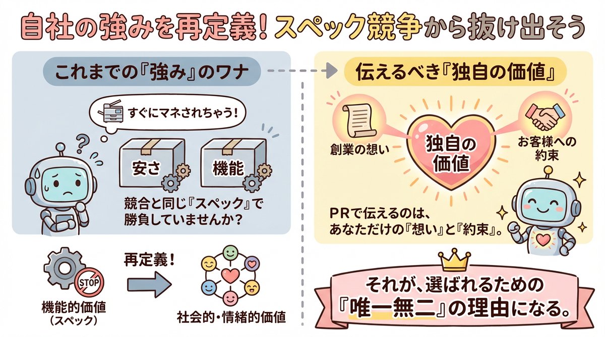 Frontier_C's tweet photo. 自社の強みを安さや機能だと思っていませんか？
スペックはすぐに模倣されます。広報PRで語るべきは、創業の想いや顧客への約束といった独自の価値です。スペックではなく社会的・情緒的な価値を再定義すること。それが他社にはない「選ばれる理由」になります。戦略相談はプロフから✨ #広報　#再定義 https://t.co/cbeR85FFYo