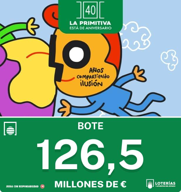 TuPapeleriaNet's tweet photo. Seguimos con el Bote de Lotería Primitiva. Apuesta 1€ y gana 126,5 millones #Suerte #Estepona #loteriasyapuestasdelestado 😎🍀 Lunes 16/03/2026 #Bote https://t.co/SOzeDoAC3x