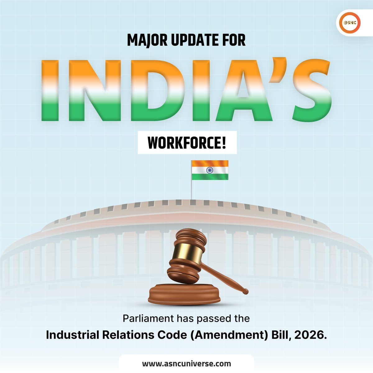 SNCoffice's tweet image. Parliament passes the Industrial Relations Code (Amendment) Bill, 2026 introducing health check-ups for workers 40+, equal pay for equal work, and mandatory appointment letters
 A step toward stronger worker rights

#WorkforceUpdate #LabourLaw #IndiaWorkforce #PolicyUpdate #SNC