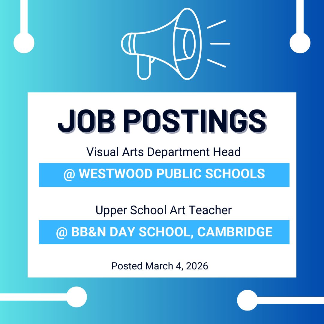 MassArtEd's tweet photo. Check out our website for some new job postings. If you have an opportunity to share, email it to webmaster@massarted.com. https://t.co/oJ7aYoDdB6 https://t.co/QukzXCHfwK